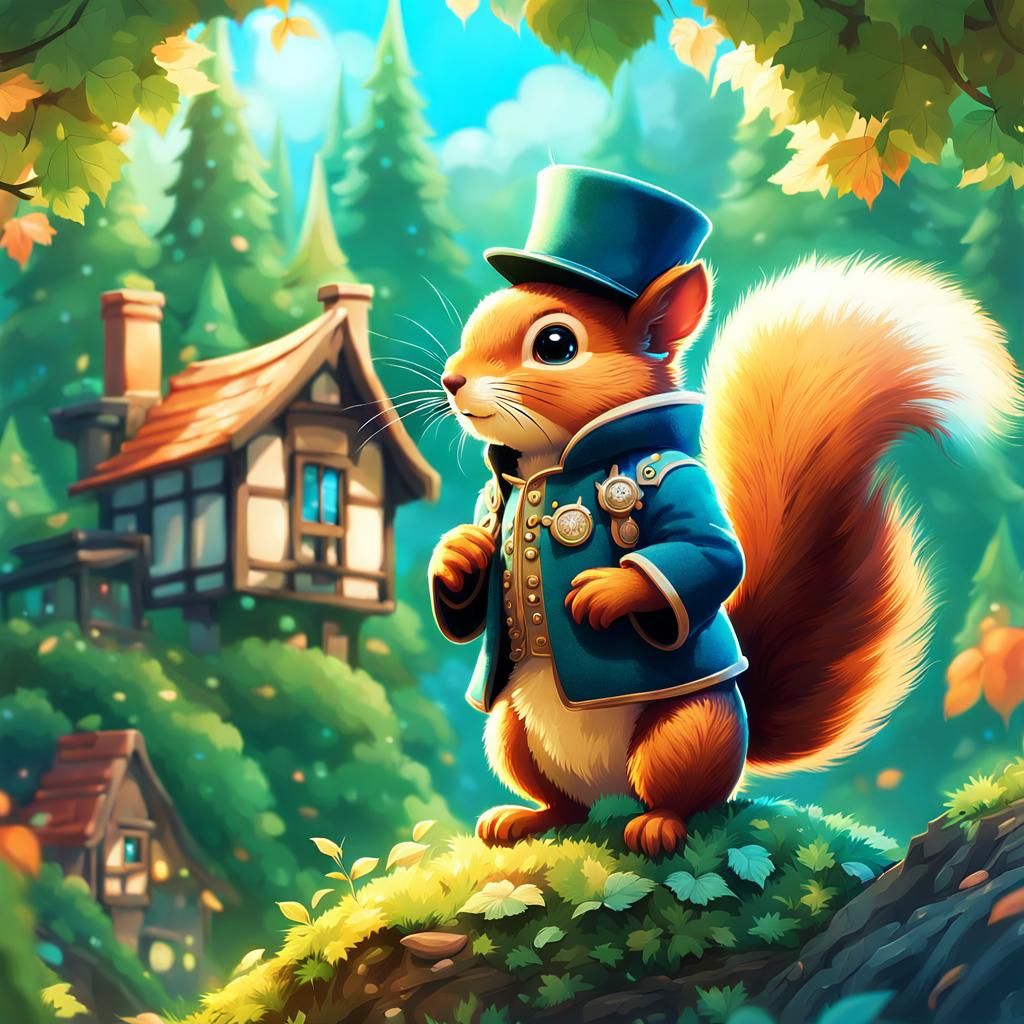 Chibi Squirrel Squire in Dreamy Forest Illustration