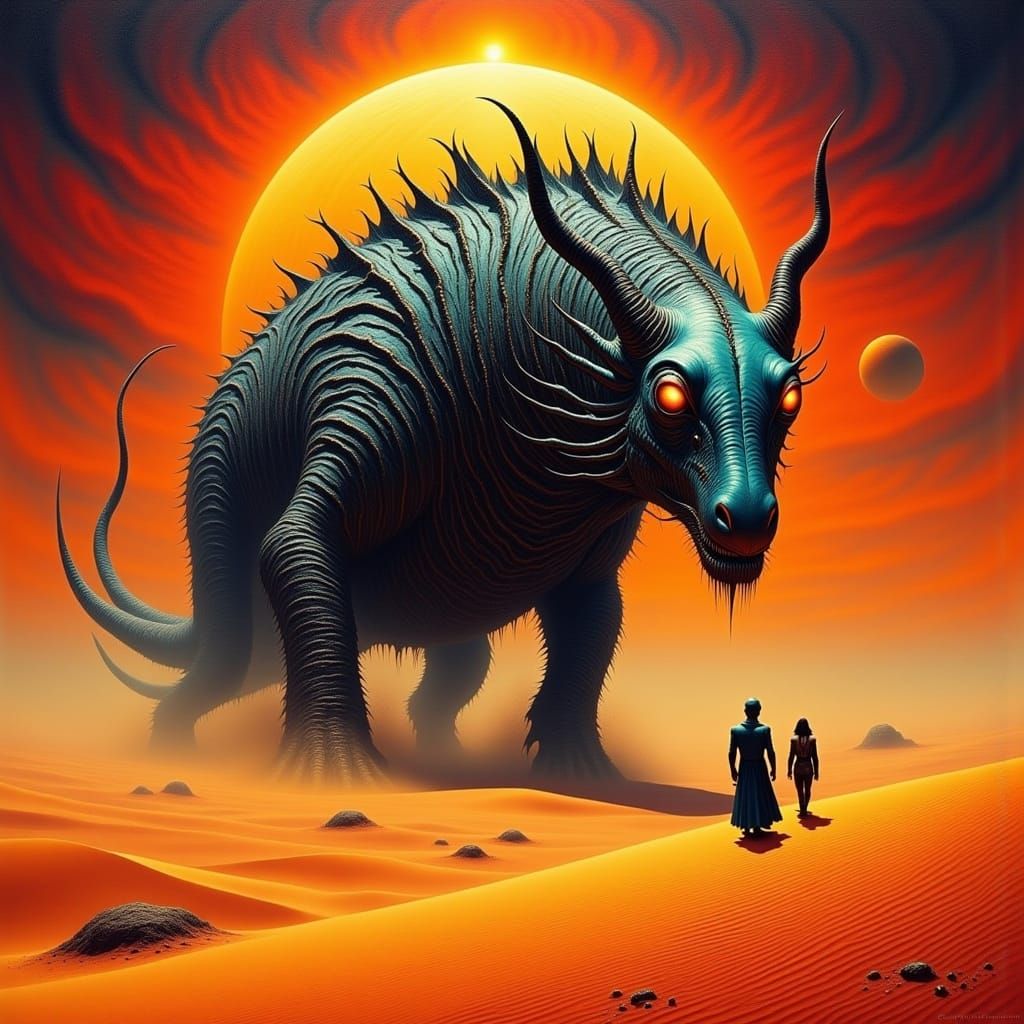 Colossal Desert Beast in Surrealist Oil Painting Style