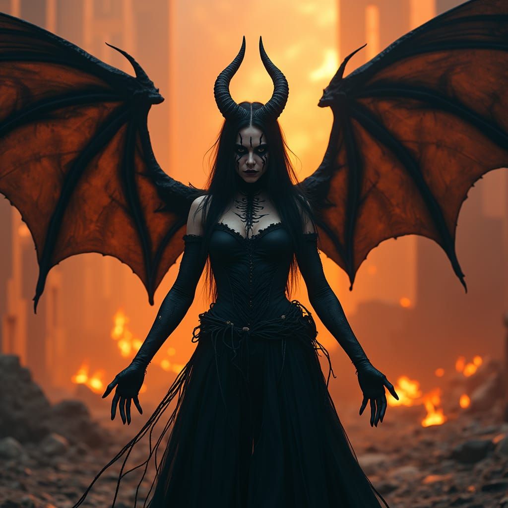 Dark Fantasy Demon Queen in Hellish Inferno