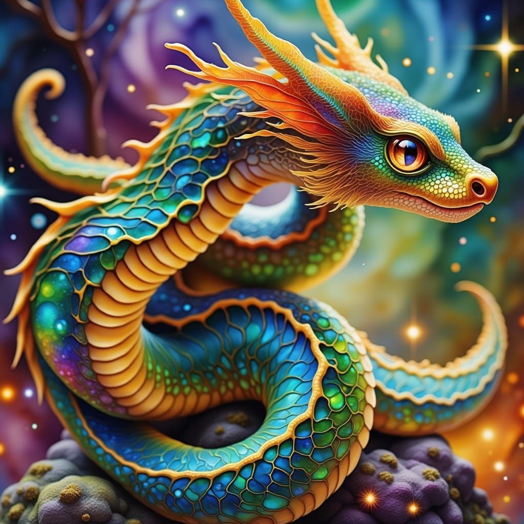 Ethereal Serpent in a Dreamlike Landscape with Iridescent Fu...
