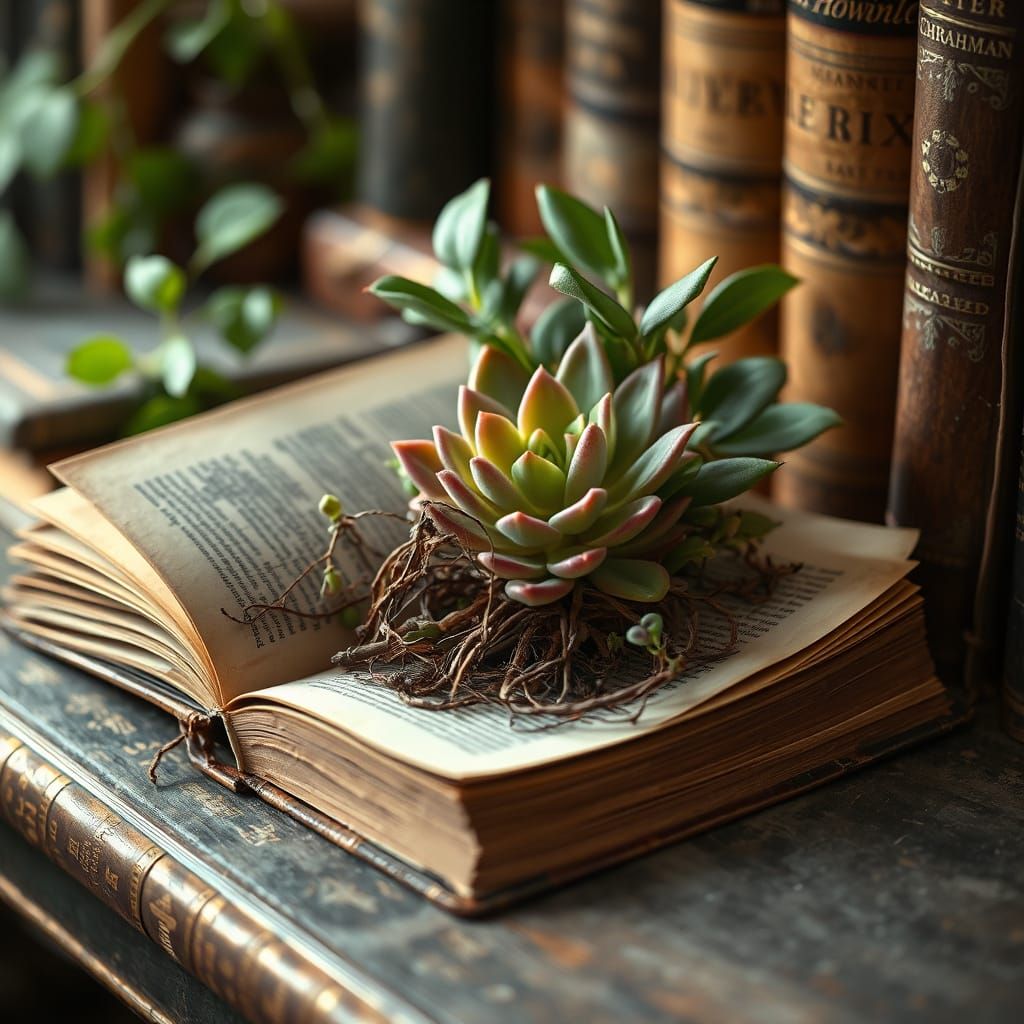 Succulent Garden in Antique Book: Nature's Hidden Sanctuary