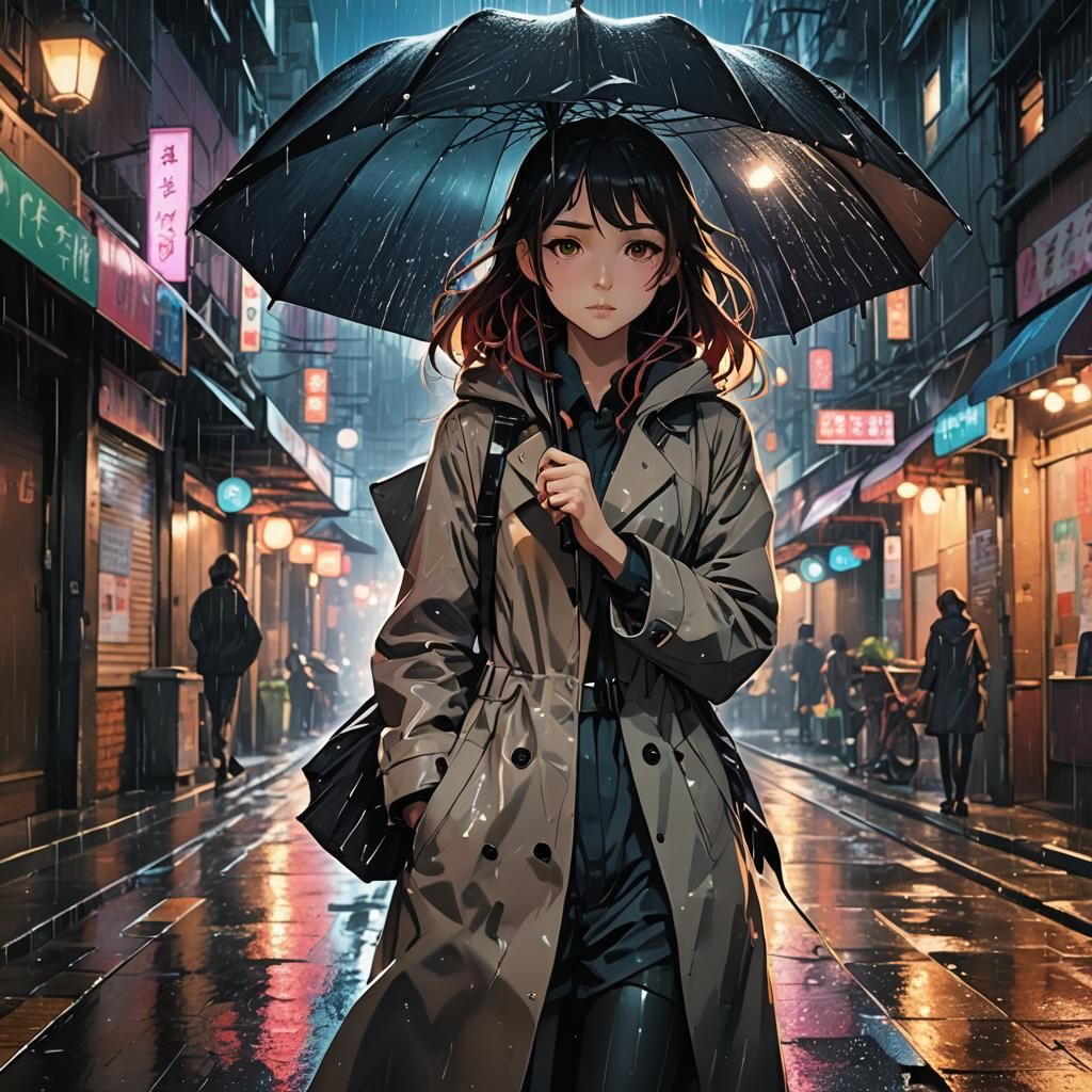 Anime Woman in Rainy City Alley