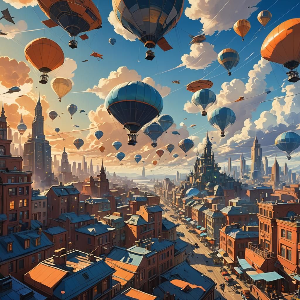 Airships and Kites Over Bustling City, Fantasy Art