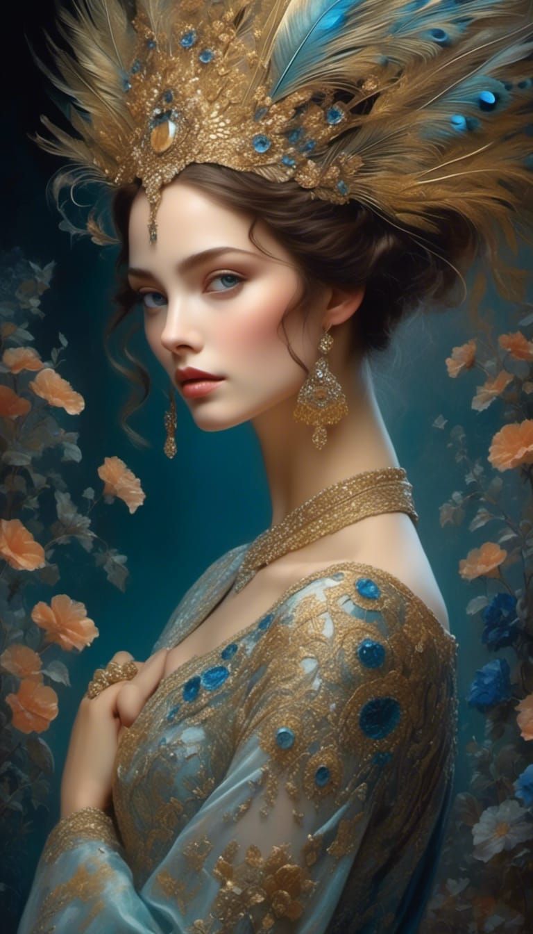 Peacock Girl by Lake: Surreal Digital Painting