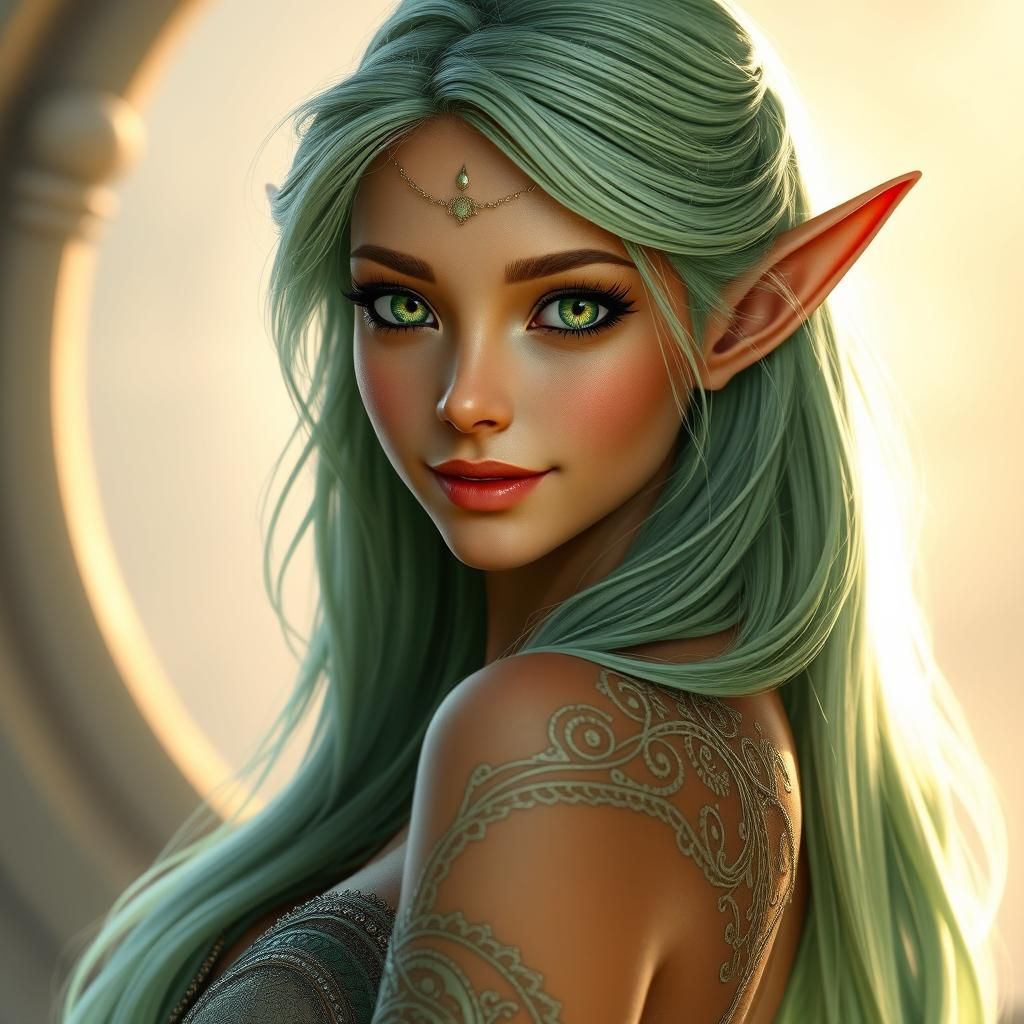 Serene Elf Maiden with Mint Green Hair in Art Nouveau Style