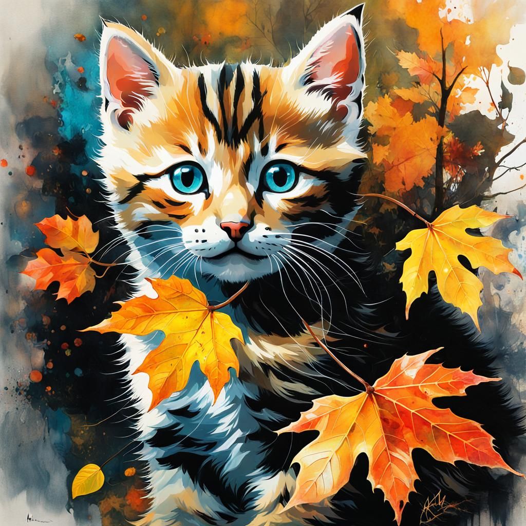 Autumn Kitten Double Exposure Portrait in Watercolour Style