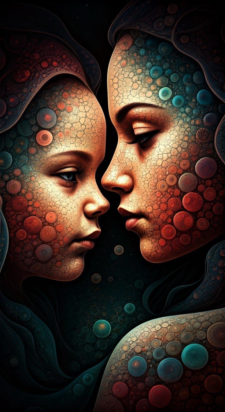 Mother and Baby Emerge from Vibrant Fractal Sea