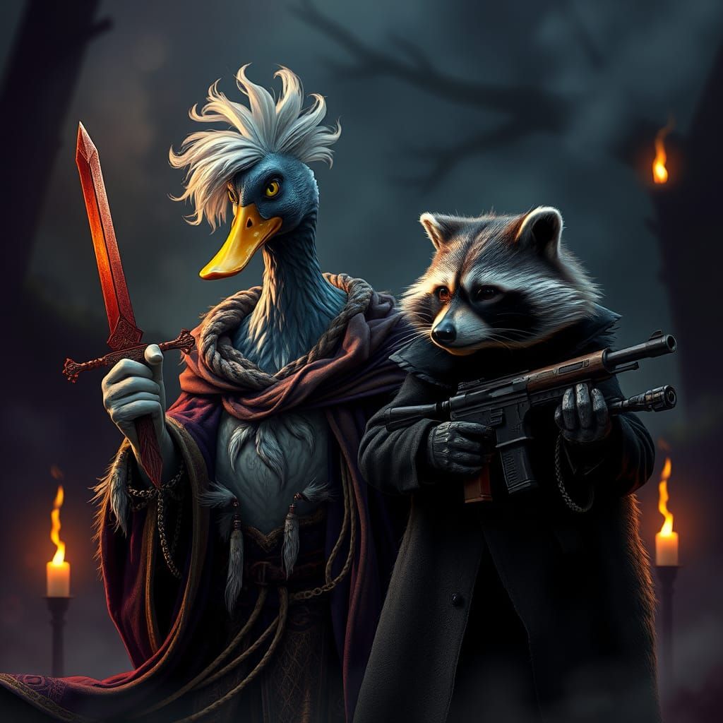 Mystical Duck and Raccoon Duel in Dark Fantasy Style