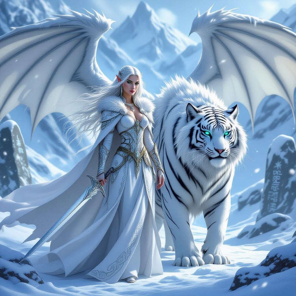 A majestic white-haired elven warrior princess with emerald green eyes, dressed in an elegant, intricately detailed whit...