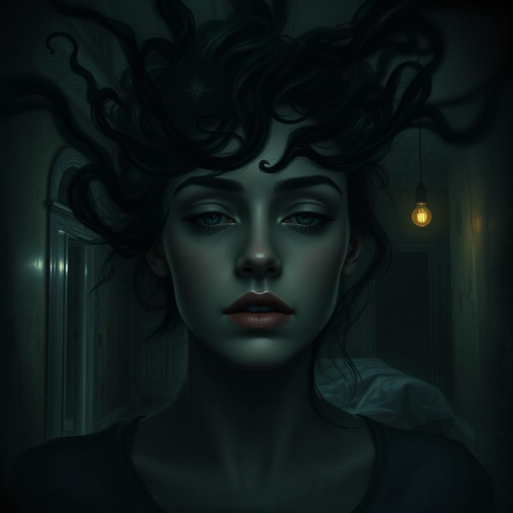 Ethereal Woman with Dark Mist in Abandoned Asylum