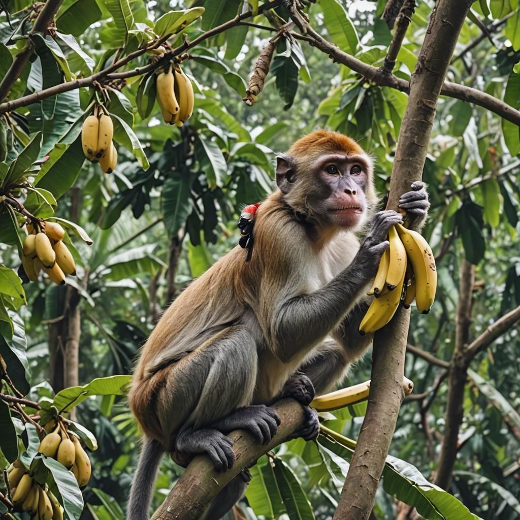 Monkey Enjoying Banana in Tree