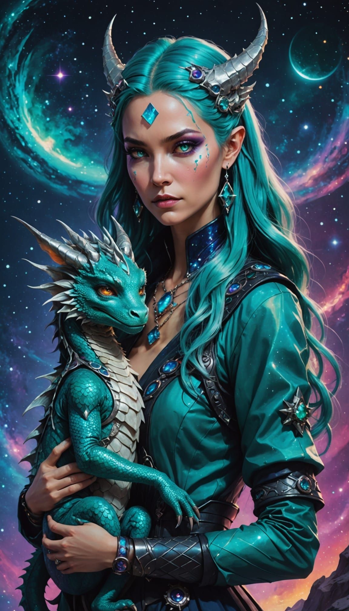 Dragon Woman with Baby Dragon in Cosmic Scene