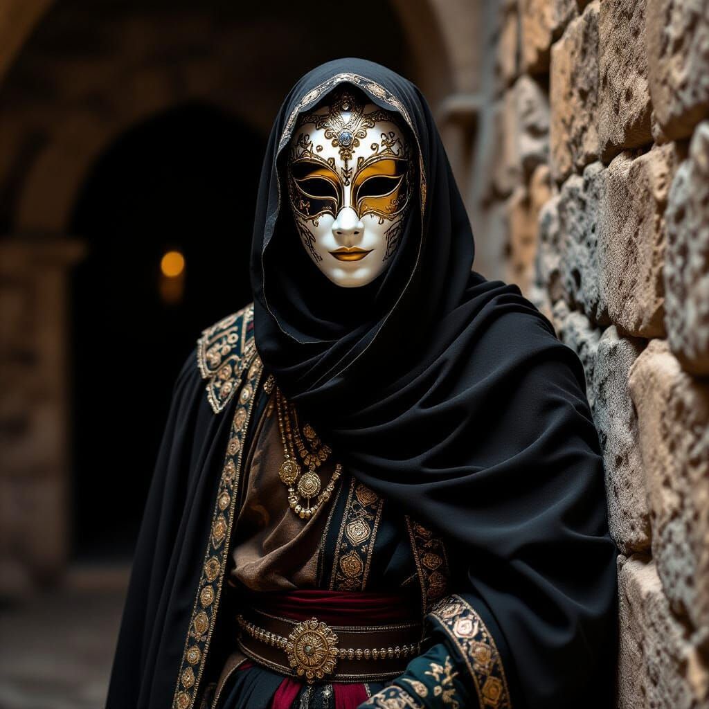 Man in Venetian Mask in Dark Medieval Room