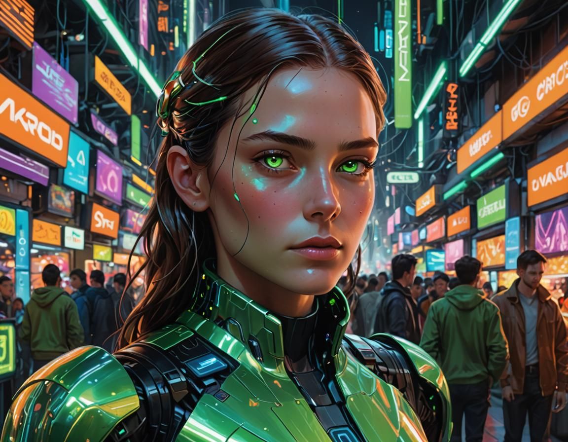 Android in Neon Market: Hyperrealistic Concept Art