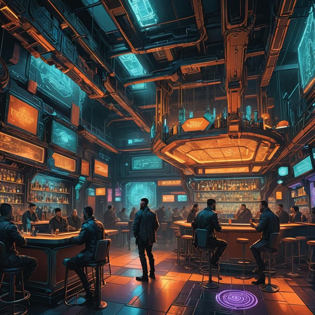 Futuristic Cyberpunk Bar Interior in Art Nouveau Style