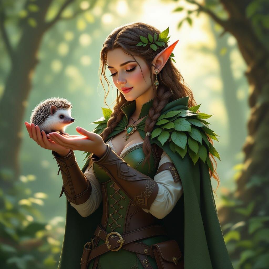 Elf Druid Gently Holds Hedgehog in Forest