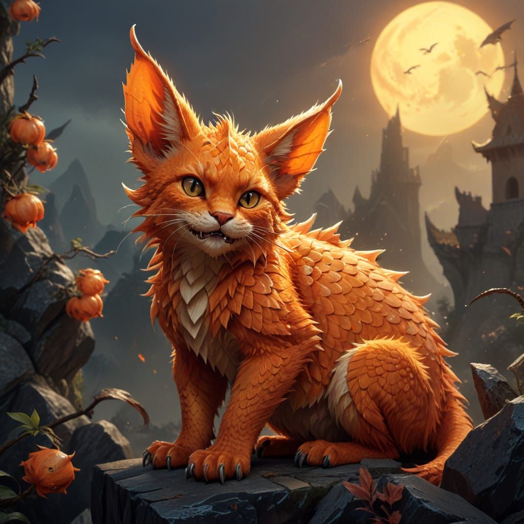 Fierce Orange Dragon-Cat Hybrid in DnD Art