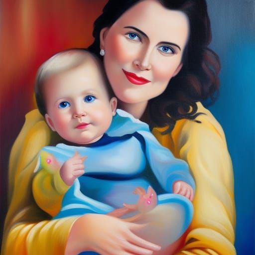 Touching Oil Painting of Mother and Child