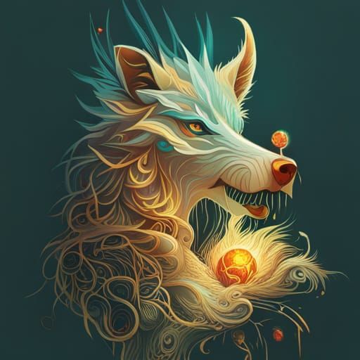 Luminous Wolf with Golden Outlines, Digital Art