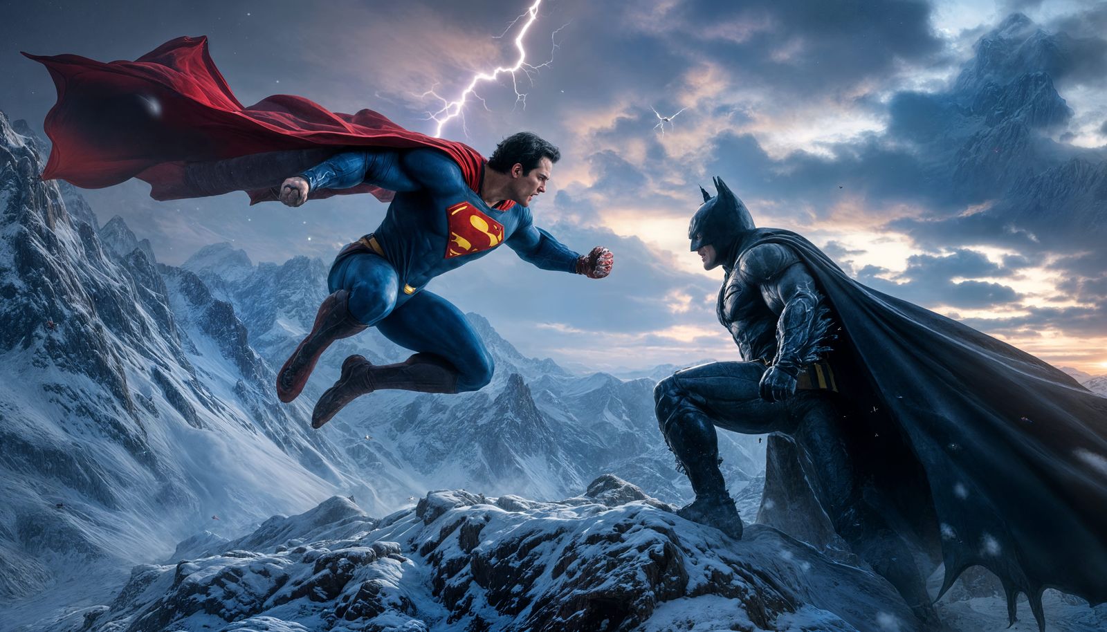 Epic Showdown: Superman vs. Batman on Snowy Peak