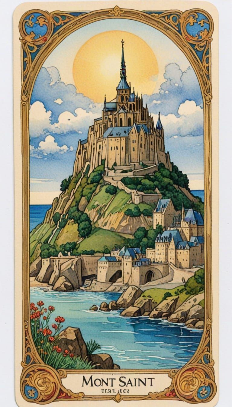 Ethereal Art Nouveau Tarot Card with Watercolour Dreamscapes