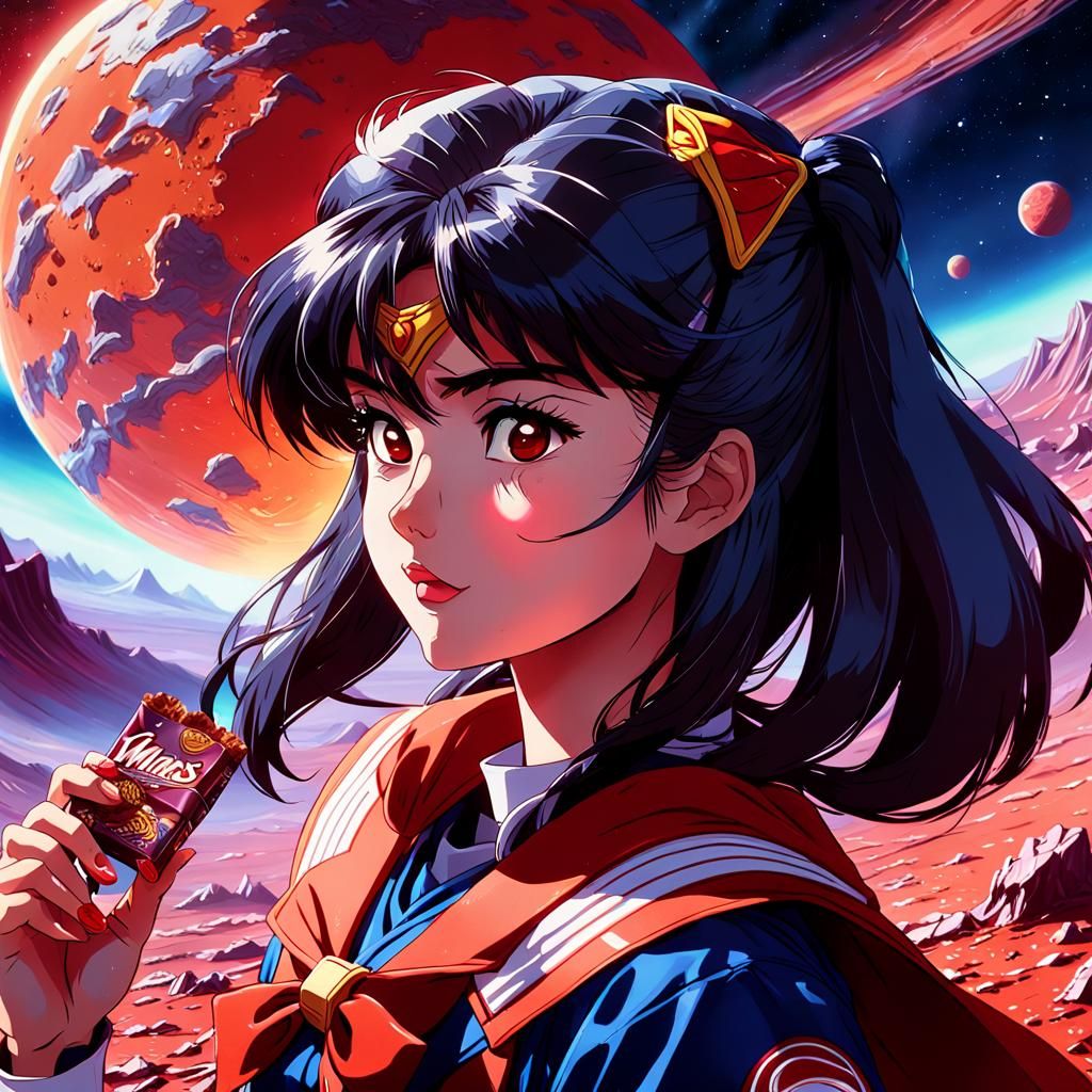 Sailor Mars eating a Mars bar on planet Mars