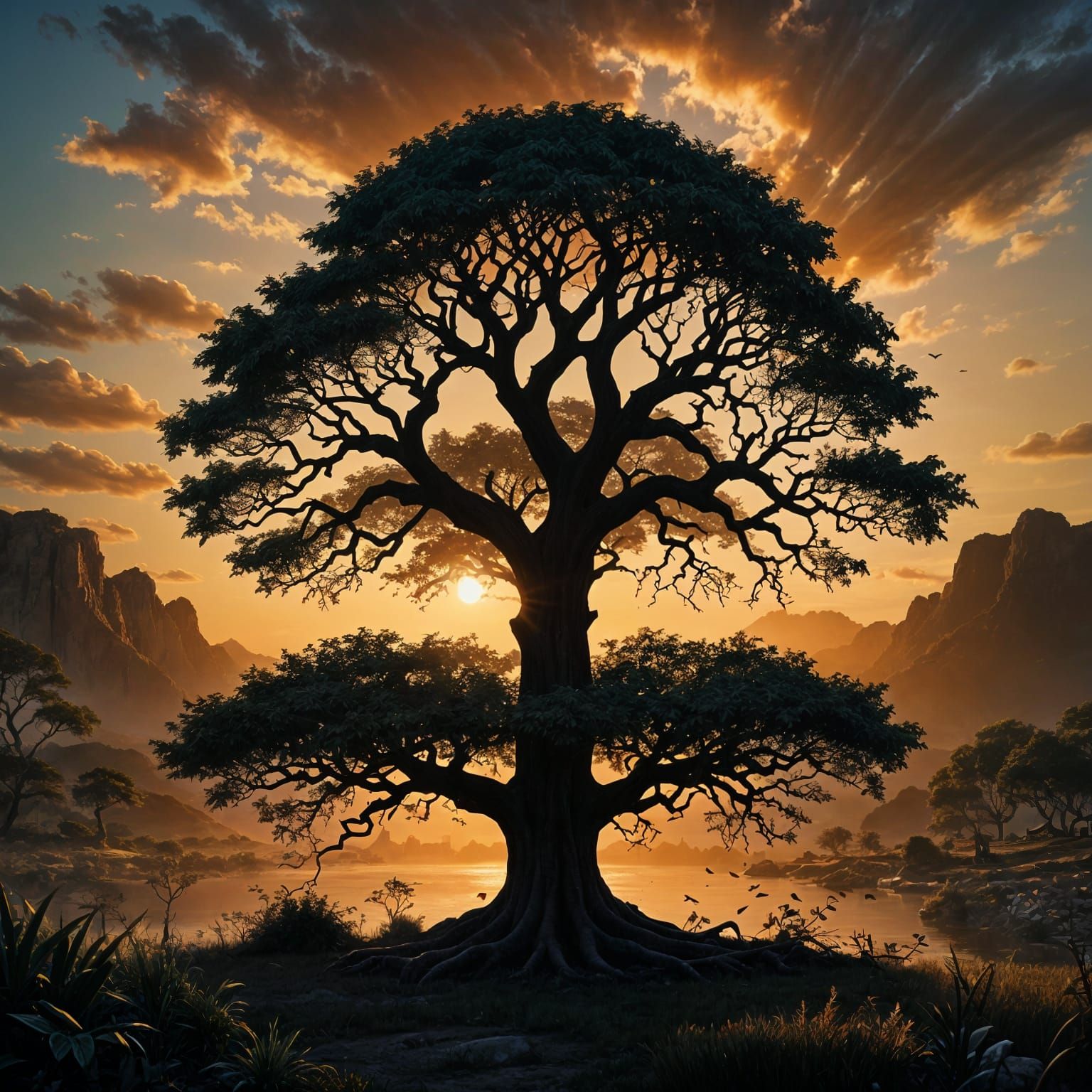 Stunning Sunrise Tree of Life Silhouette in Digital Matte Pa...