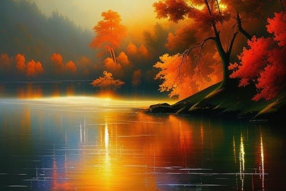 Maple Tree Lake: Watercolor Dark Fantasy Art