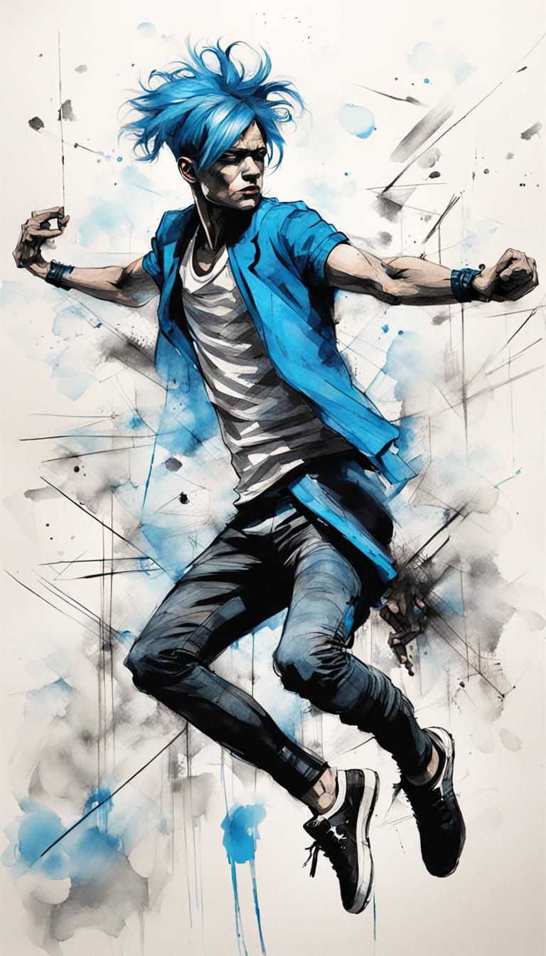 Blue-Haired Dancer in Trash Polka Ink Sketch