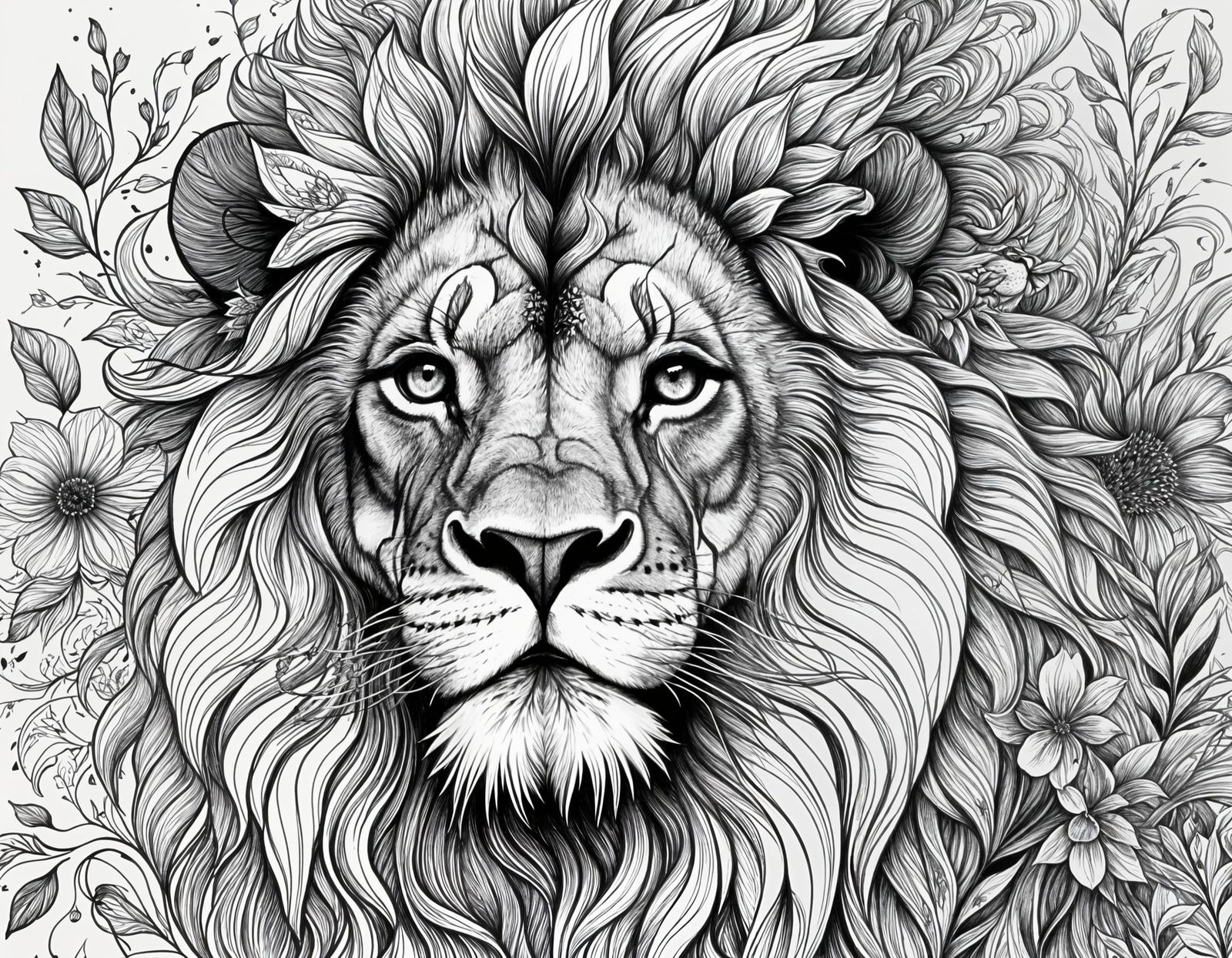 Majestic Lion in Black Ink with Floral Accents