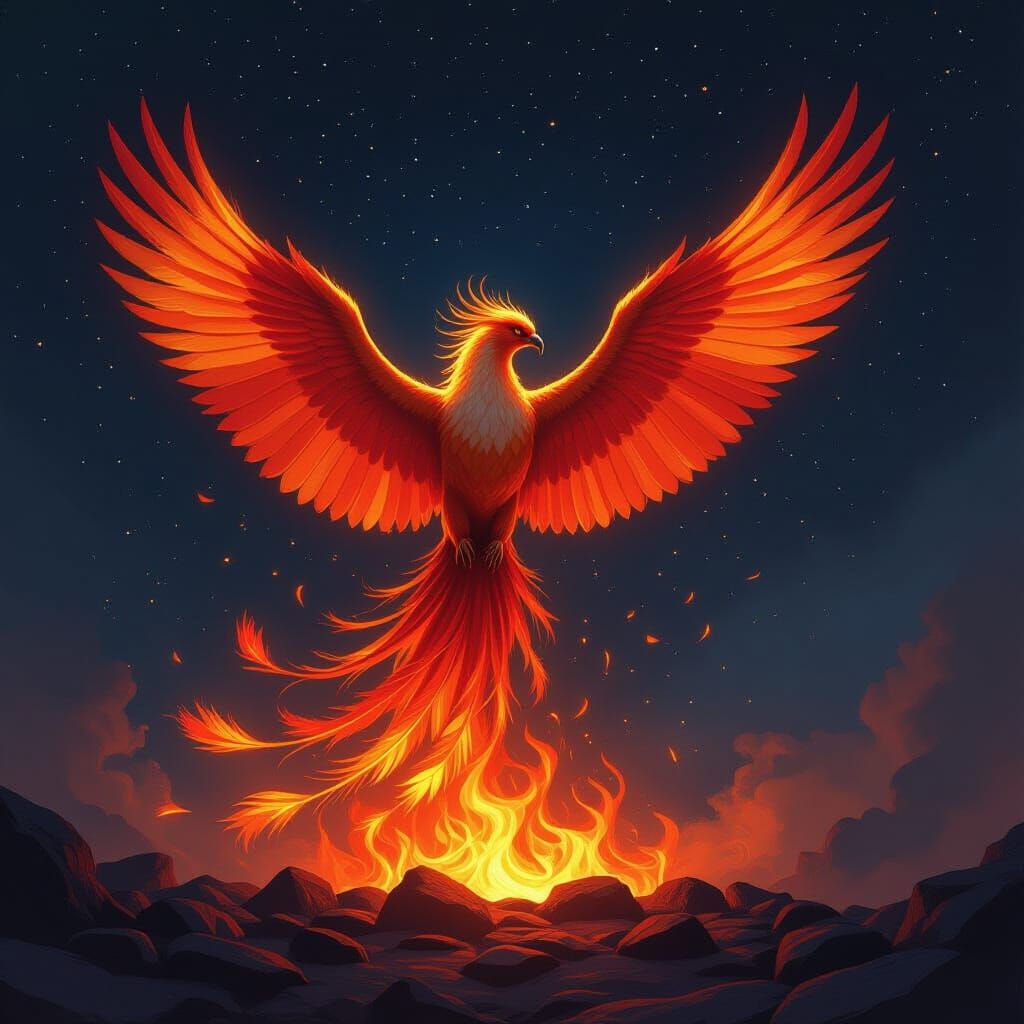 Majestic Phoenix Rises from Embers in Starry Sky
