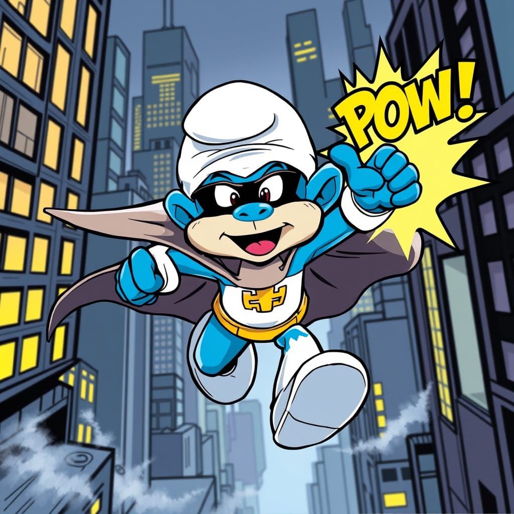 Smurf Superhero Leaps Through a Vibrant Cityscape