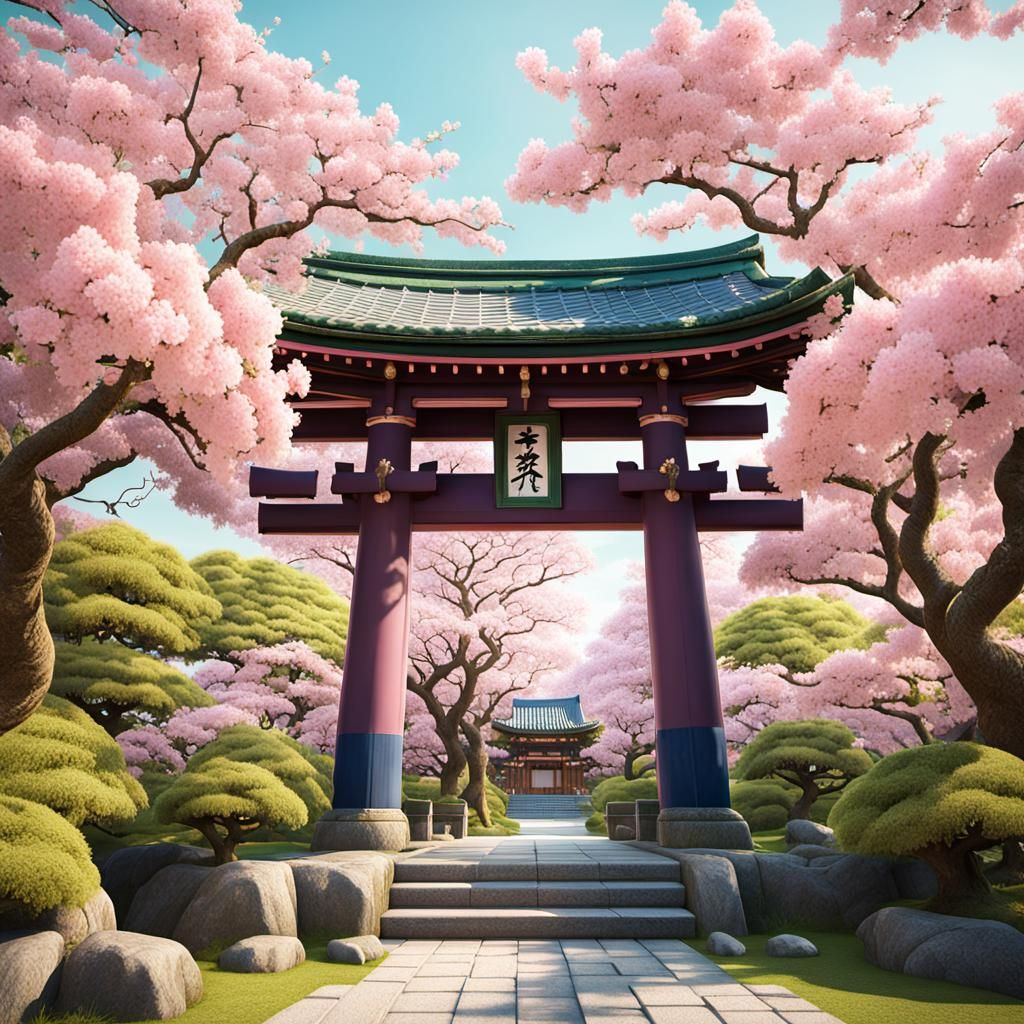 Sakura Blossoms Surround Japanese Shrine Entrance