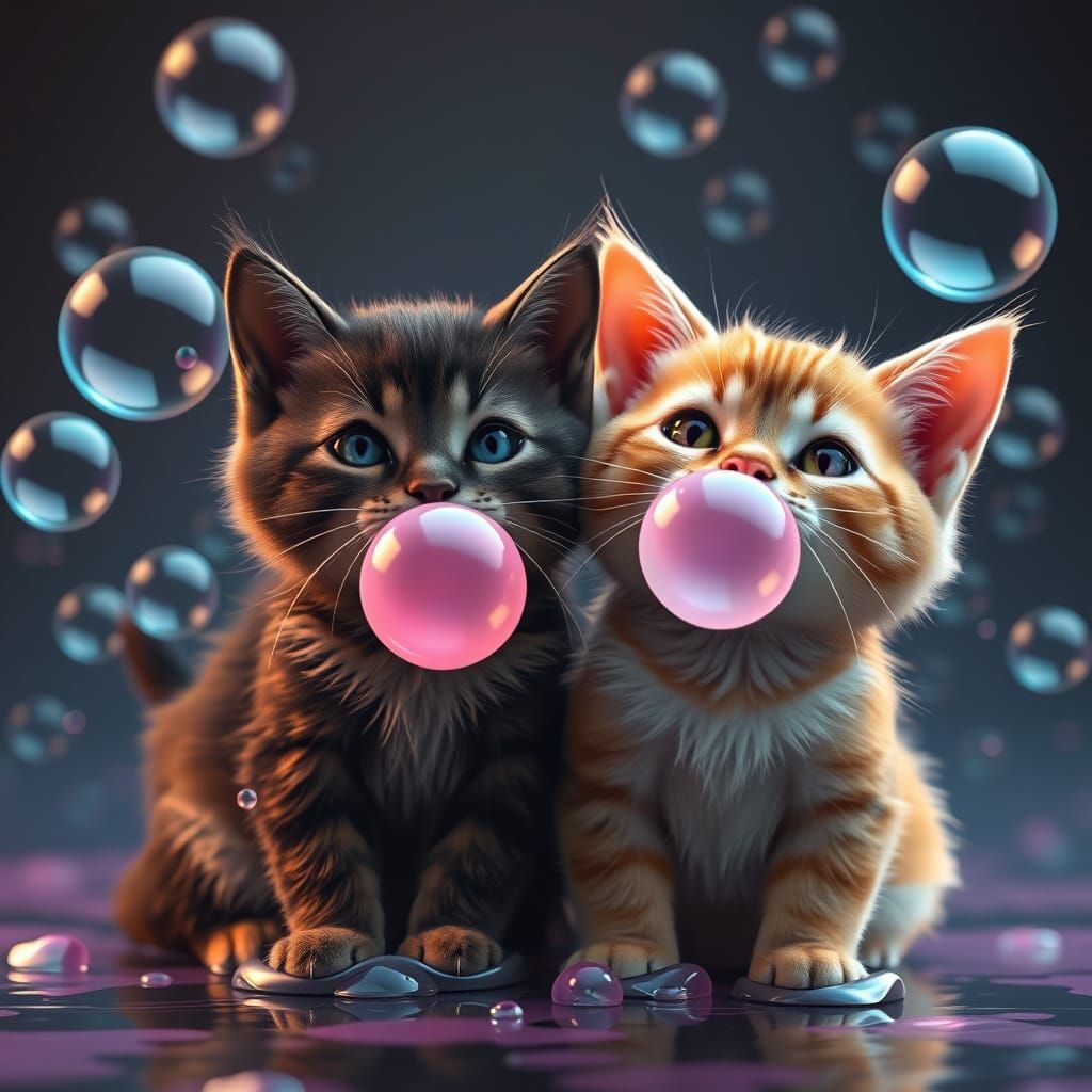 Whimsical Cats Blow Bubbles in Vibrant Fantasy Scene