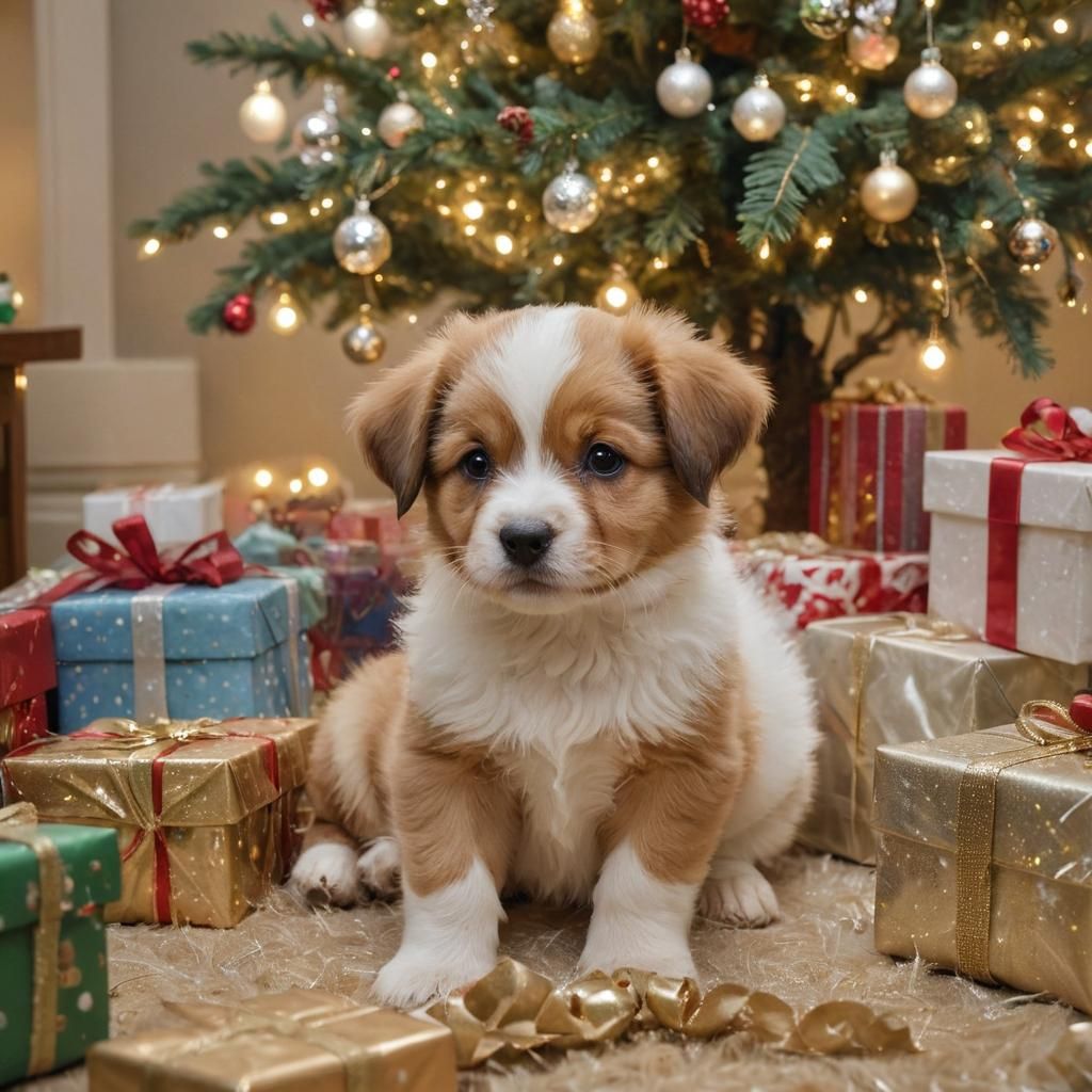 Puppy's Christmas Dream: Ethereal Oil Painting