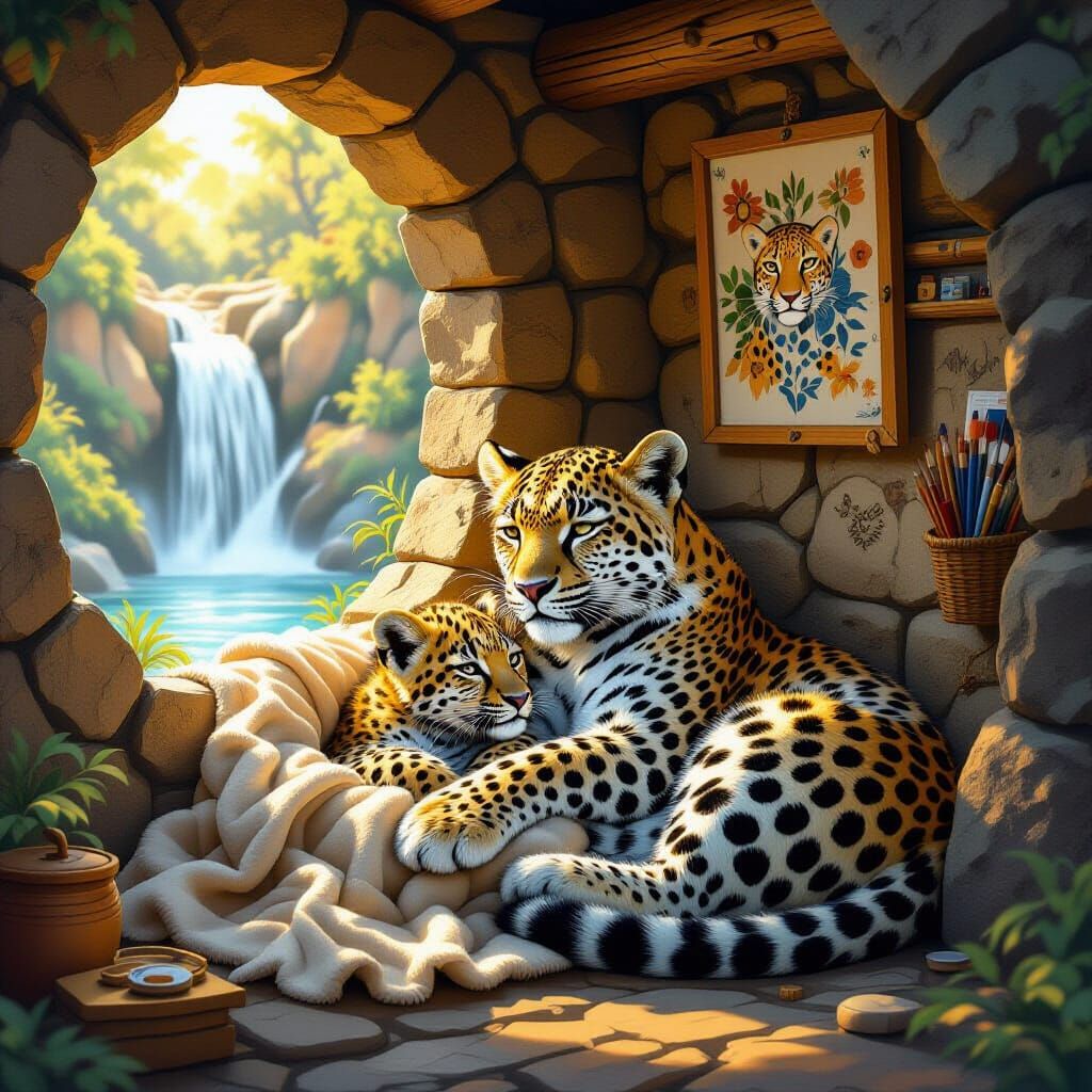 Leopard Family in Cozy Den, Hyper-Realistic Digital Art