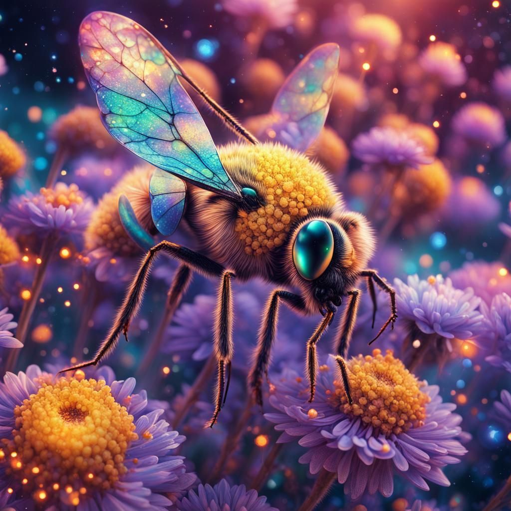 Pollen-Covered Bee on Flowers: Holographic Astral Illustrati...