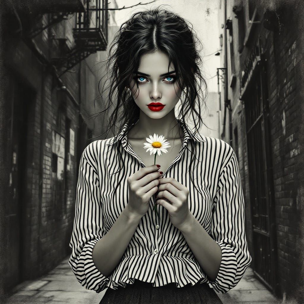 A Melancholic Woman in a Gritty Urban Alley