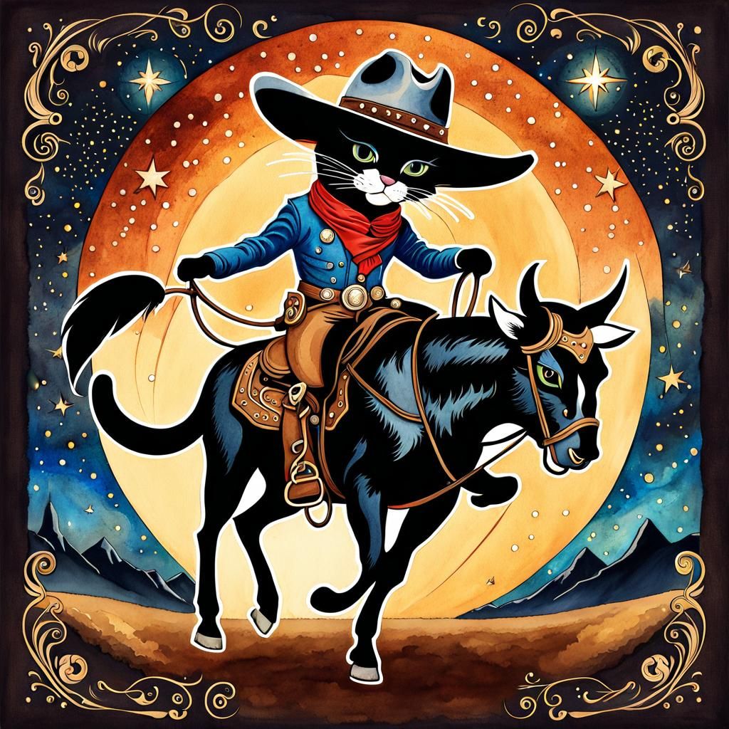 Anthropomorphic Cat Cowboy Rides Bull in Steampunk Style