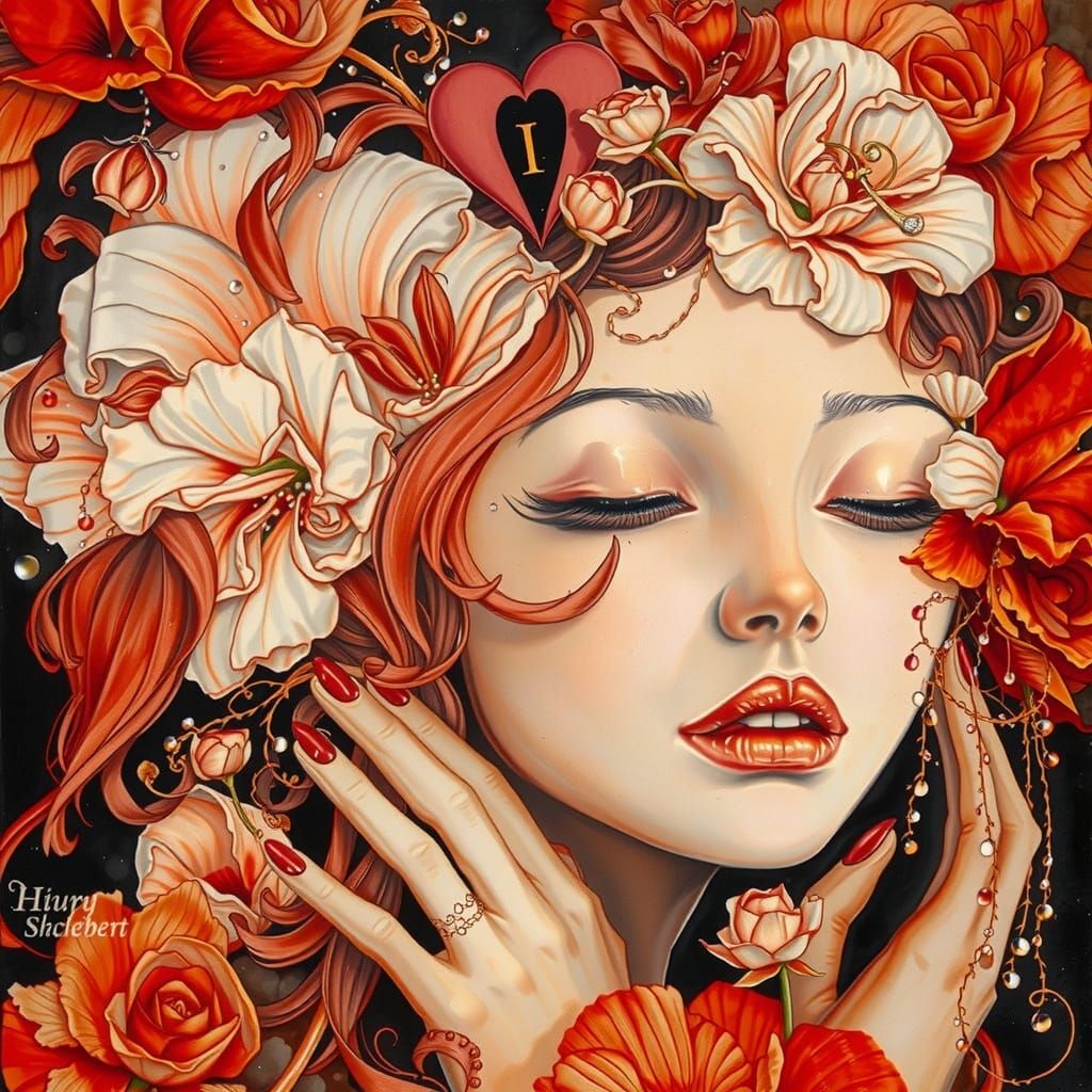 Ethereal Red Floral Goddess in Soft Focus