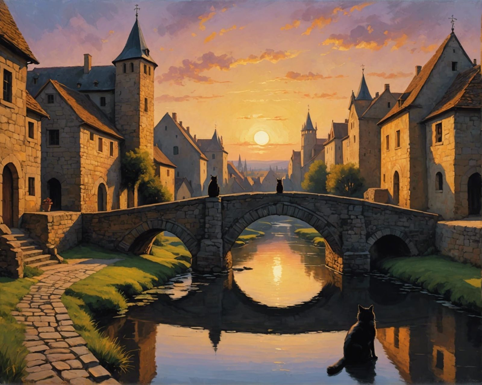 Black Cat Sunset in Medieval Town, Oil Painting