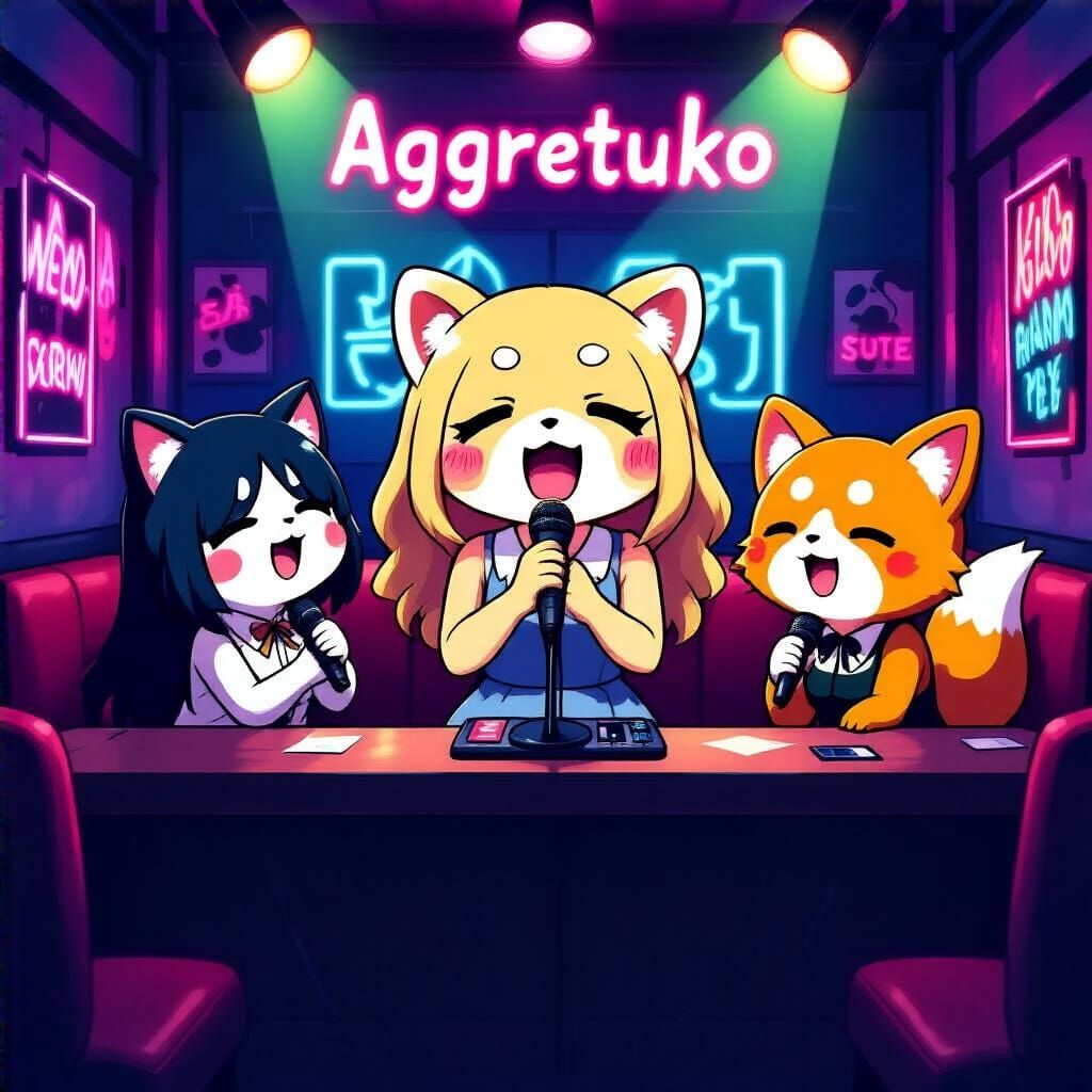 Aggretsuko and Friends Sing Karaoke in Neon Booth