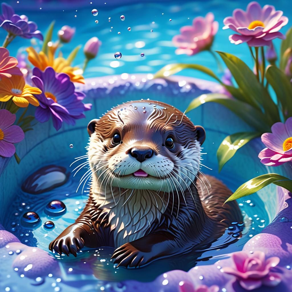 Kawaii Otter Plays in Pool: Hyperrealistic Splash Art