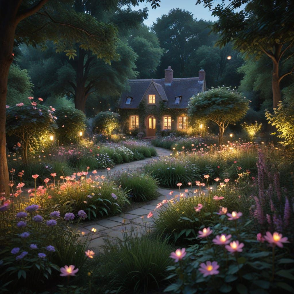 Whimsical English Garden at Dusk