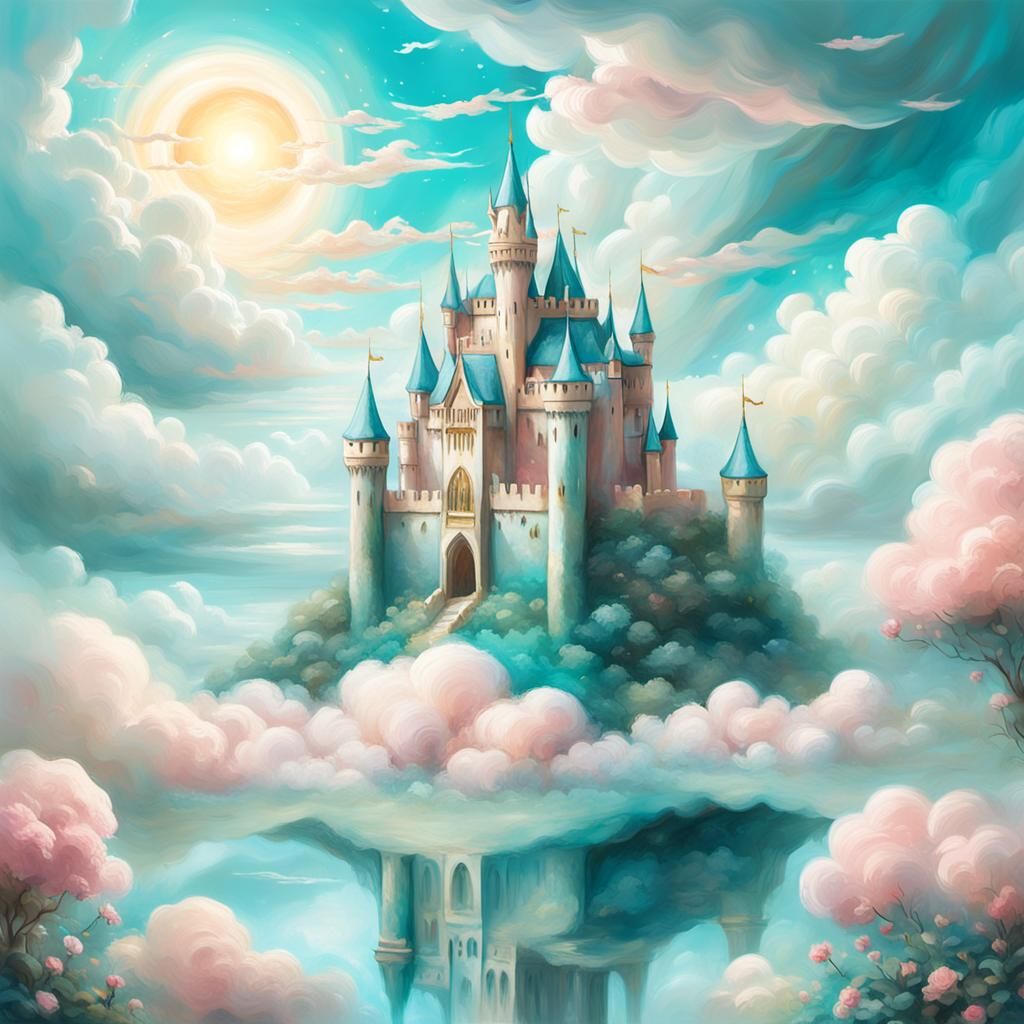 Mystical Castle in Heavenly Clouds as Watercolor Art