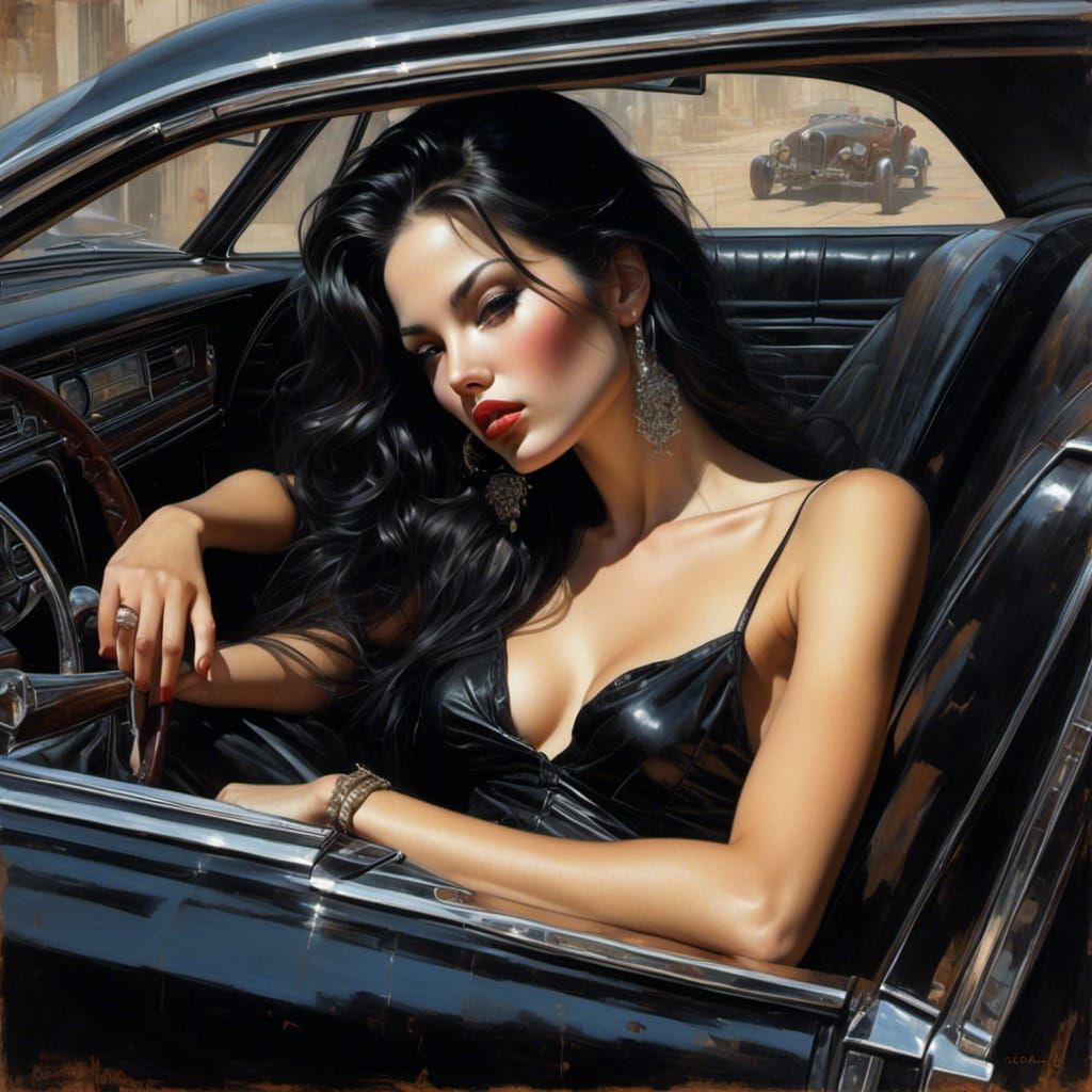 Brunette in Car, Fantasy Art With Grunge Elements
