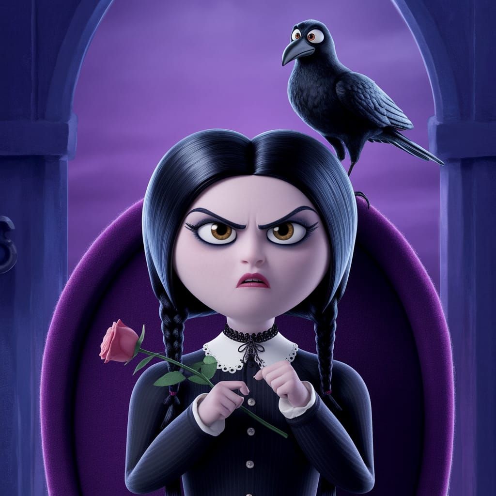 Gothic Wednesday Addams in Dark Pixar Animation