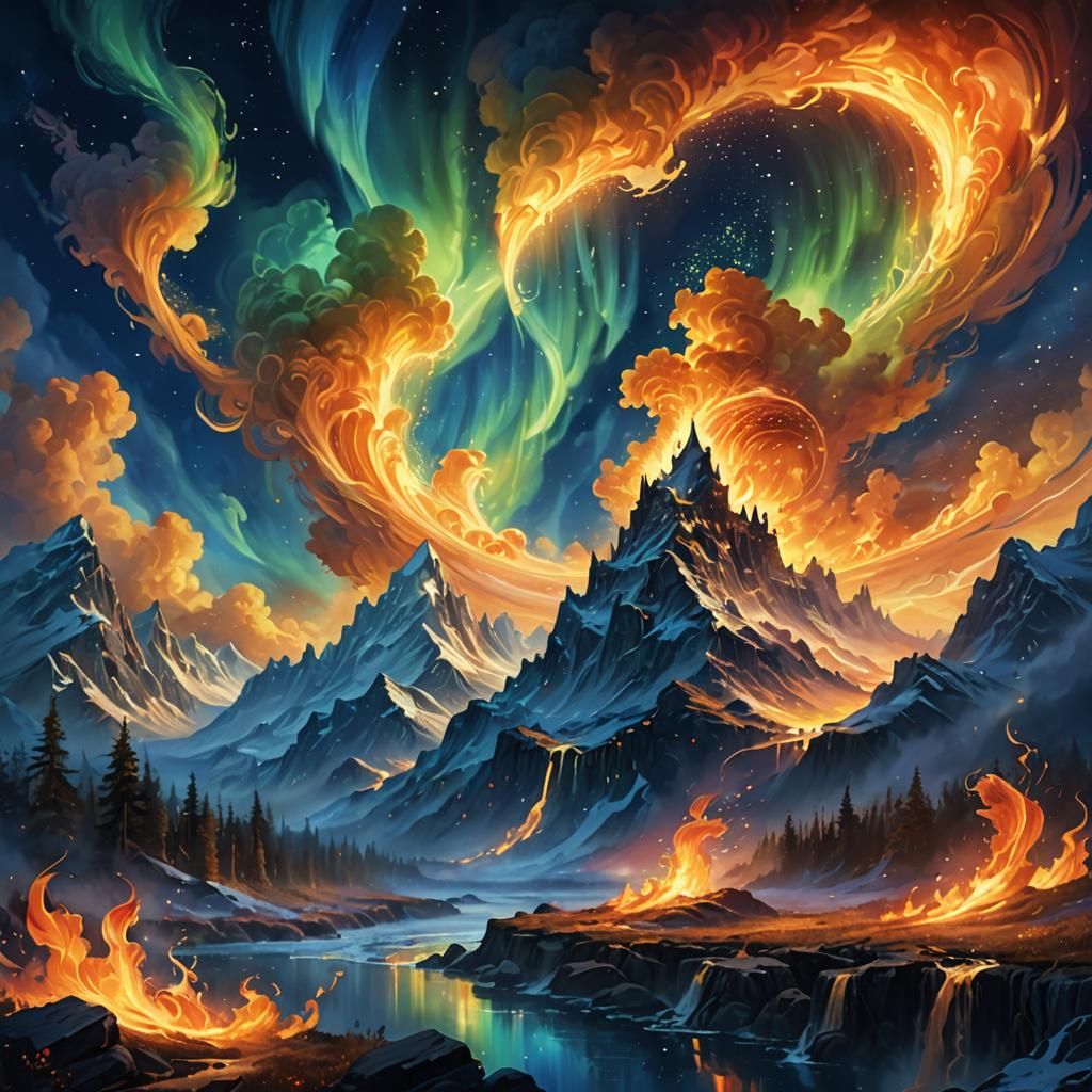 Fiery Aurora Envelops Luminous Fantasy World