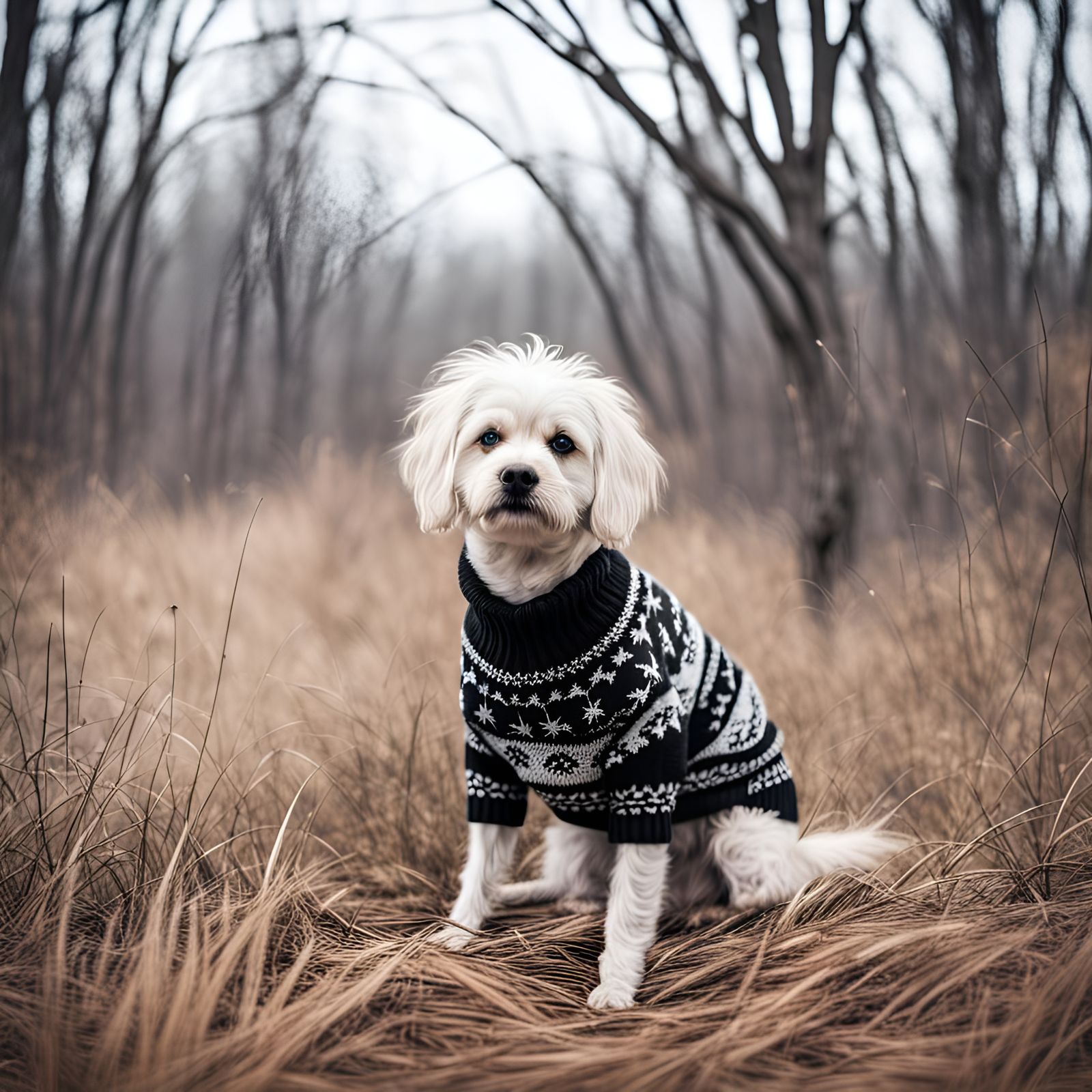 Winter Landscape with Dog in Sweater