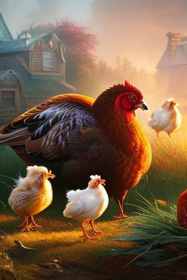 Golden Rooster Family in Ethereal Farm Landscape